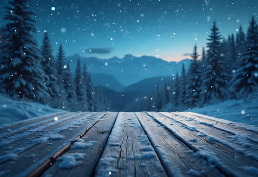 A serene Christmas background featuring snowy wooden planks in front of a mountain forest, with a starry night sky and snowflakes.