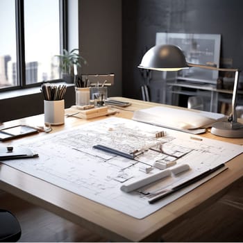 Modern workspace setup showcasing architectural tools, drafting equipment, and plans, emphasizing a creative, professional, and organized design environment.