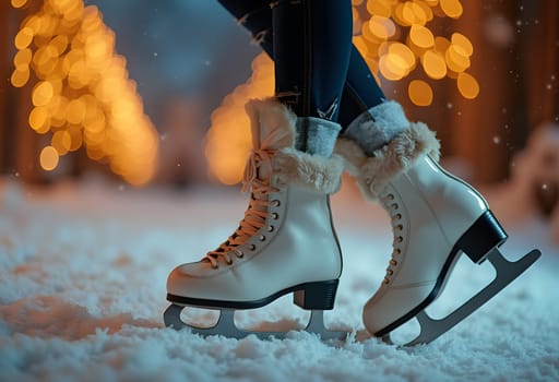 A festive scene featuring a woman's legs in ice skates, with a vibrant Christmas background showcasing winter magic and cheer.