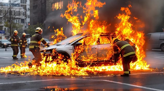 Firefighters working together to extinguish a burning electric car parked on a city street during daytime. Ai generated