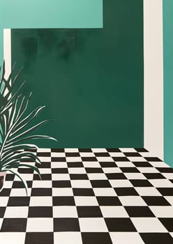 Explore modern abstract art with plant elements, geometric shapes, and checkered floor