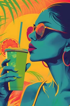 Colorful pop art image of a stylish woman with sunglasses and tropical drink
