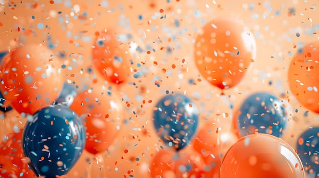 A vibrant mix of orange and electric blue balloons and confetti are dancing in the air, creating a colorful display of liquid hues