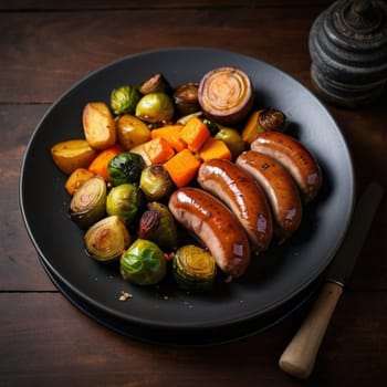 sausages vegetables frying pan food dinner. High quality photo