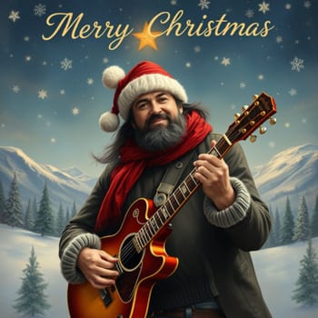 man playing guitar, santa claus merry christmas happy new year holiday winter. High quality illustration