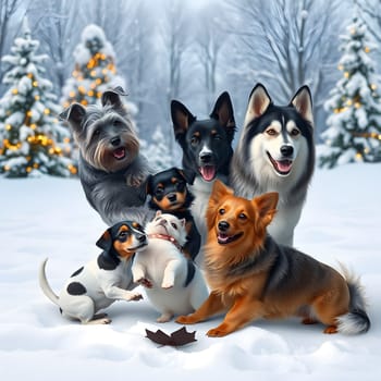 dogs of different breeds sit on the snow, pets animals. High quality photo