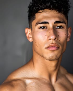 A young man with curly hair, shirtless, gazes into the camera. His forehead, nose, cheek, lips, eyebrows, eyelashes, jaw, neck, and shoulder are all visible. He makes a gesture towards the camera