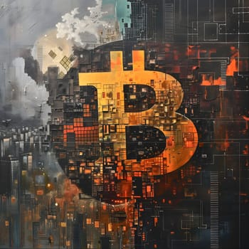 Modern digital art showcasing Bitcoin symbol amidst abstract urban grid patterns.