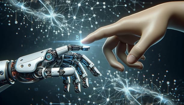 A realistic wide format image featuring the hands of a robot and a human about to touch, set against a dark background.
