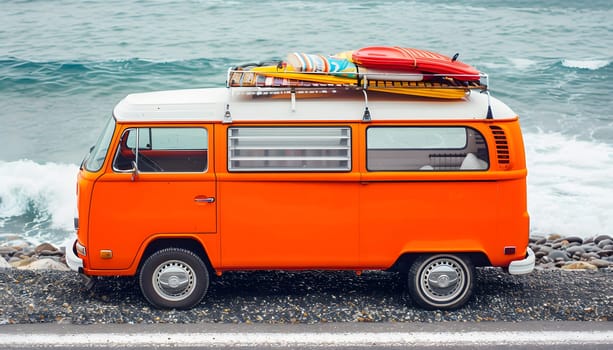 A van with surfboards on top, parked by the ocean. The vehicle has black tires and shiny wheels, with a large window showcasing the water