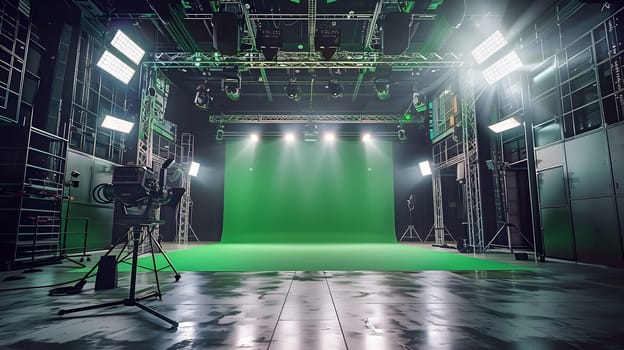 A rectangular green screen is mounted in the center of the room, creating a symmetrical display device for entertainment events. The metal frame contrasts with the water citythemed flooring