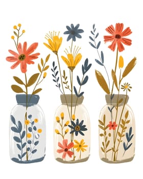 Three flowerfilled jars sit on a white background, showcasing a delightful mix of flowers and leaves. This creative display features porcelain vases and plant artifacts