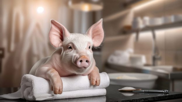 Spa delight whimsical tribute to National Pig Day in United States, highlighting a charming pig indulging in pampering on March 1st, reflecting the playful and affectionate spirit of the occasion