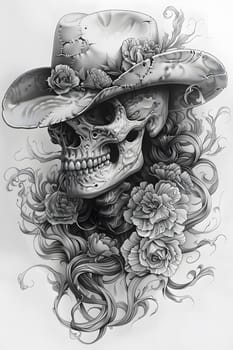 A monochromatic illustration of a skull with a cowboy hat, roses surrounding it. Detailed drawing capturing the essence of cowboy culture and the fragility of life