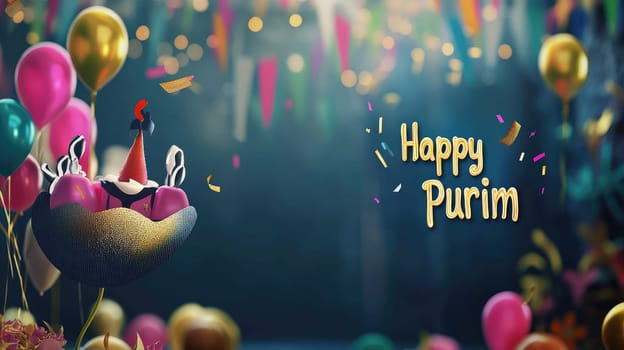 Purim celebration: eye-catching banner embodying spirit of the holiday, elements of merriment, colorful costumes, community gatherings, everyone to partake in joyous festivities, shared traditions