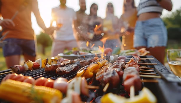 Friends gather in the backyard for a barbecue feast with various grilled foods.