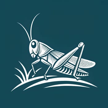 Logo illustration of a grasshopper perched on blades of grass against a dark blue background, showcasing its anatomy and natural pose - Generative AI