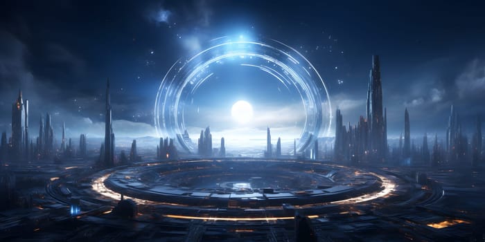 This sci-fi image features a futuristic setting with advanced digital technology. A bright circle in the center adds a touch of mystery and wonder to the scene.