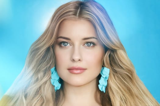 Woman, fashion and elegance, vibrant earrings and glowing skin. Blonde beautiful woman, style and beauty, glamour and modern sophistication idea
