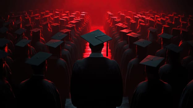 A Graduation ceremony with students in caps and gowns, celebrating achievement and unity in dramatic red lighting