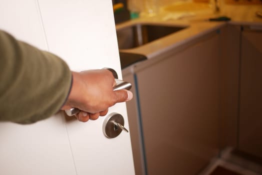 man Hand Opening door close up,