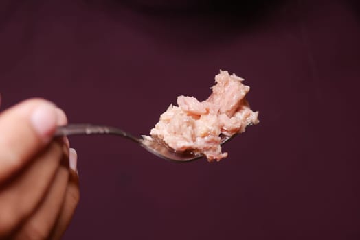 canned tuna on a spoon on white background ,