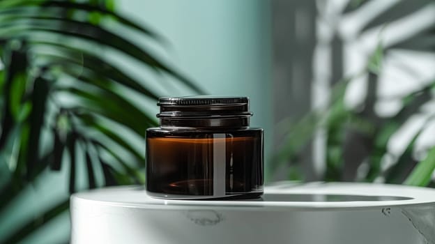 Cosmetic cream in a glass jar. Skin care concept. Background for beauty products