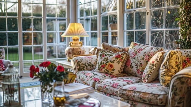 Colorful pillows on sofa against glass wall of window in a winter garden or conservatory. Interior textile concept. High quality photo