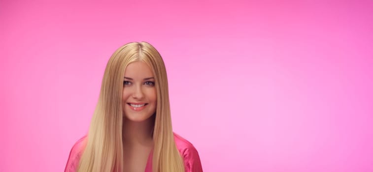 Woman, pink background, glamour and style. Blonde beautiful woman, long hair and radiant skin, fashion and confidence idea