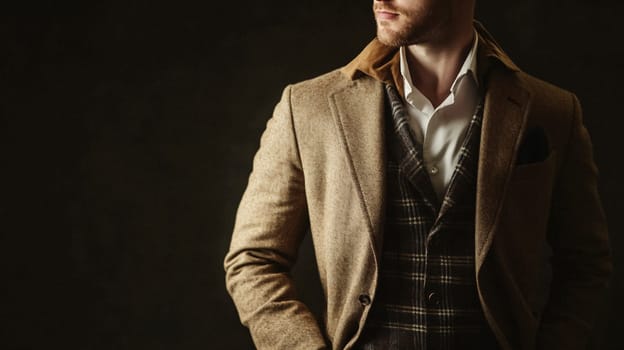 Handsome English man model dressed up smart casual fashion style, exuding refined masculinity and timeless elegance idea