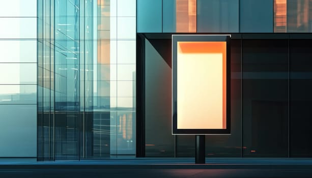 A minimalistic cityscape showcasing lightbox post against modern architecture, creating serene urban atmosphere