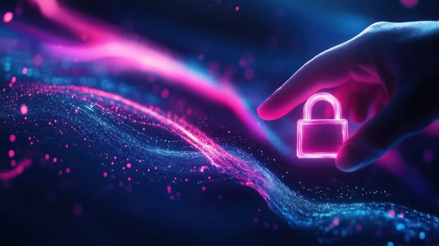 A finger touches glowing digital padlock symbol amidst vibrant waves of light, representing security and technology
