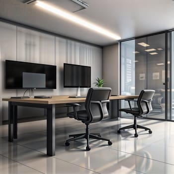 remote worker's room, table, chair, computer, monitors. High quality photo