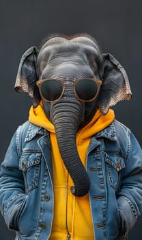 A working animal with a gas mask covering its snout and wearing a denim jacket, sunglasses, and a hat. The human body covered with personal protective equipment. Gesturing with a sleeve