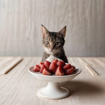 Cute kitten with fresh strawberries on a plate. High quality photo