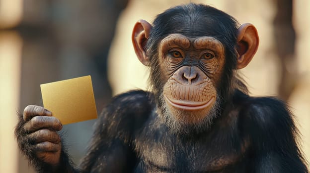 A Charming chimpanzee holding gold card, showcasing curiosity and intelligence
