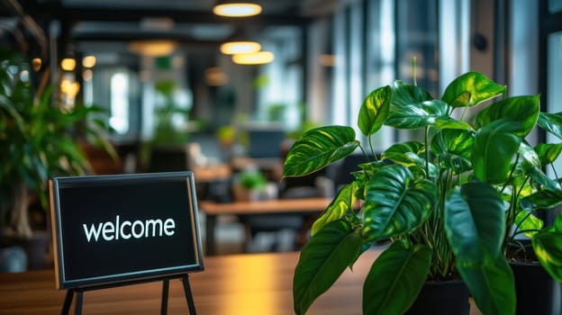 A professional office setting featuring welcoming sign and lush green plants, creating warm and inviting atmosphere for visitors