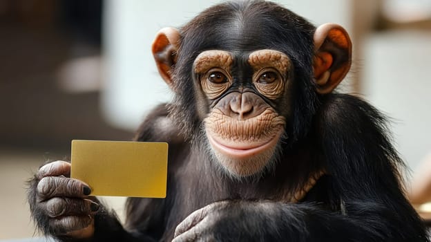 A Charming chimpanzee holding gold card, showcasing playful expression