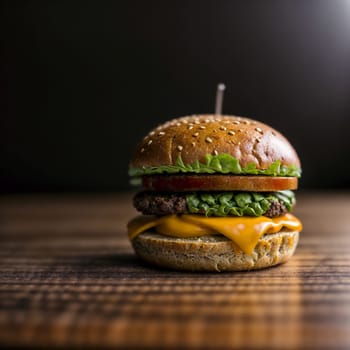 Big hamburger with huge ham piece and a lot of cheese. High quality photo