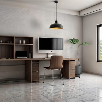 remote worker's room, table, chair, computer, monitors. High quality photo