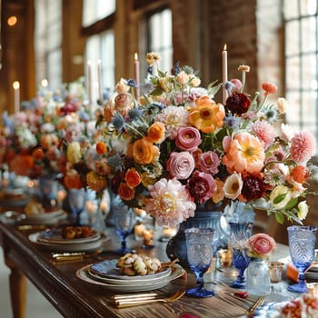 The beautifully decorated table for the wedding reception features a stunning arrangement of flowers and candles, including roses, petals, and bouquets in vases and flowerpots