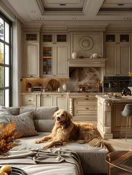 The Fawn dog breed is peacefully laying on a couch in the living room with wood floors and a view of the window, creating a cozy interior design within the building