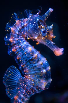 A vibrant purple seahorse, glowing electric blue in the dark, stands out against the colorful coral reef. This organism is a mesmerizing sight to behold underwater, blending art with marine biology