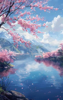 A beautiful natural landscape painting depicting a serene lake with a cherry blossom tree in the foreground, under a cloudy sky