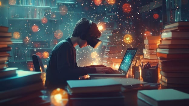 A person wearing VR headset sits at desk surrounded by books, focused on laptop. atmosphere is magical with glowing lights