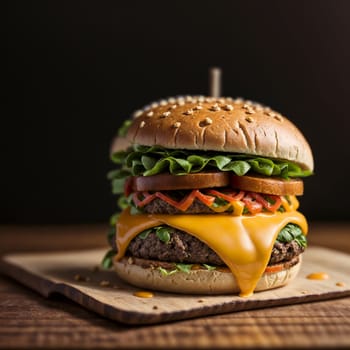 Big hamburger with huge ham piece and a lot of cheese. High quality photo