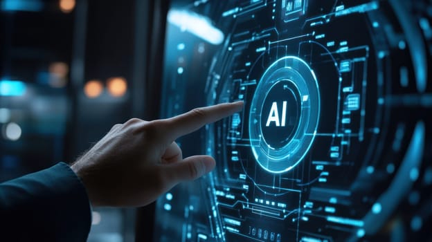 A businessman interacts with virtual screen displaying AI technology, showcasing innovation and modernity