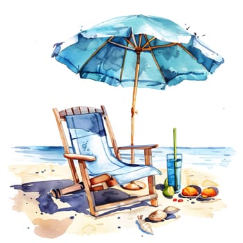 Near the shore, a chair and umbrella create an ideal spot for relaxation