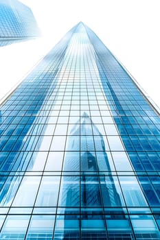 A skyscraper standing tall against the sky, a monumental tower block blending into the world around it. The commercial building facade reaching towards the clouds on a bright daytime