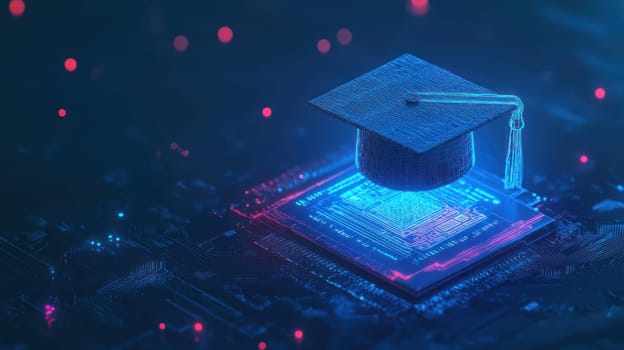 A digital graduation cap floats above glowing microchip, symbolizing technology and education
